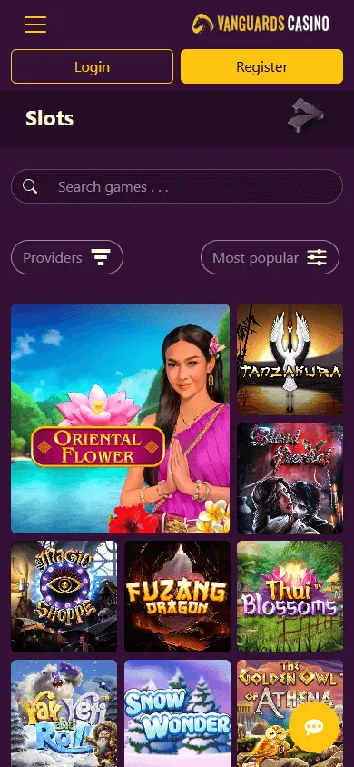 Vanguard Casino games area on a mobile device