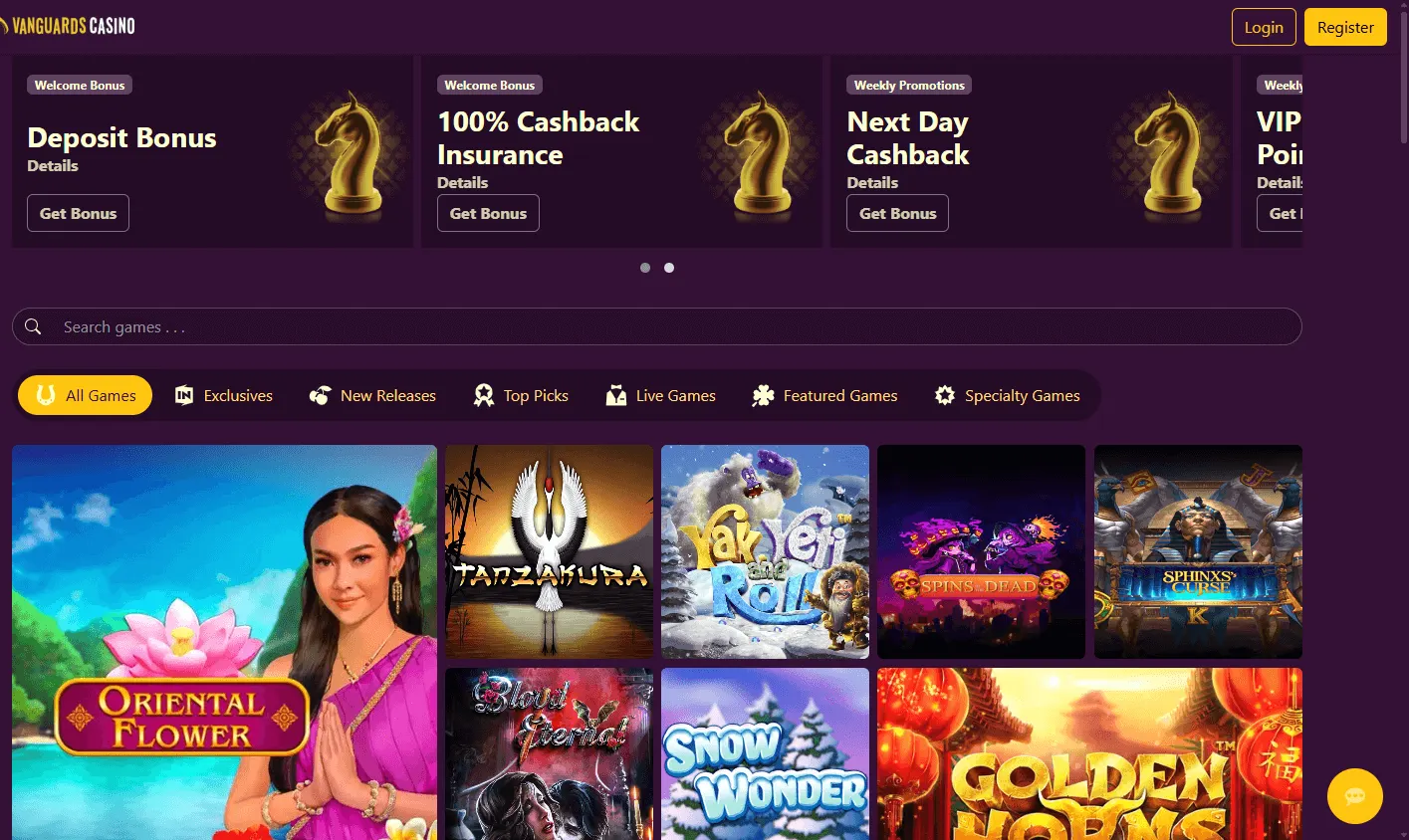Vanguard Casino home on desktop