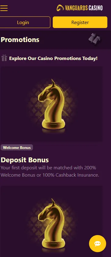 Vanguard Casino promotions area on a mobile device